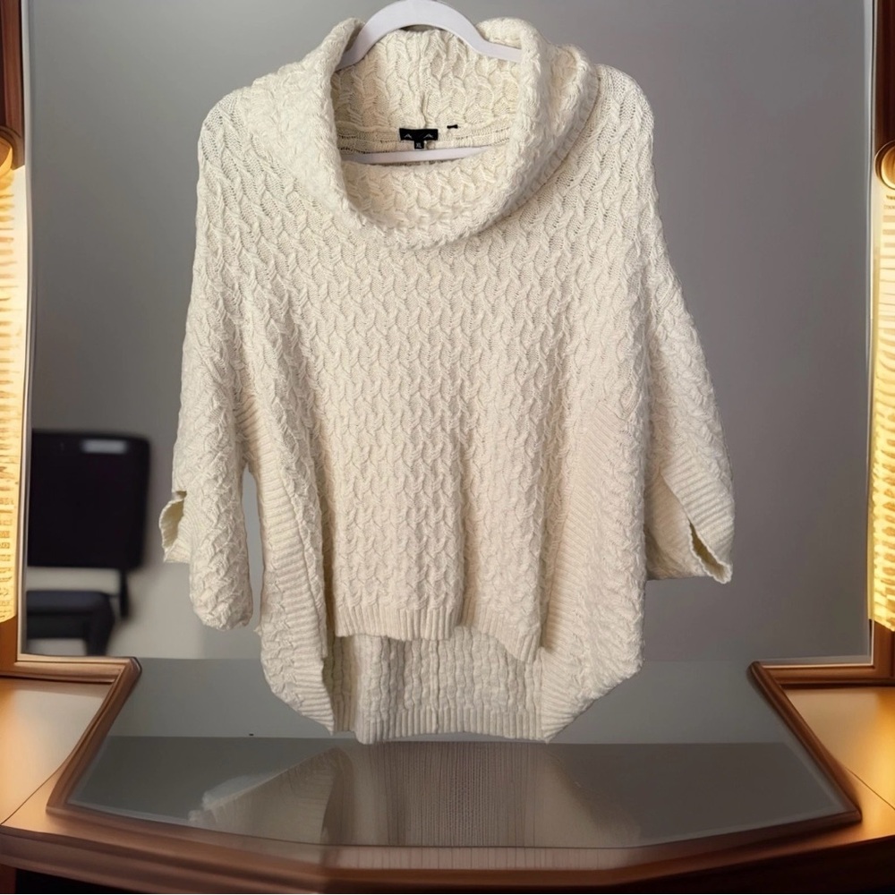 Ava Women's XL Beige Cowl Neck Cotton Wool Blend Sweater Poncho Knit Boho